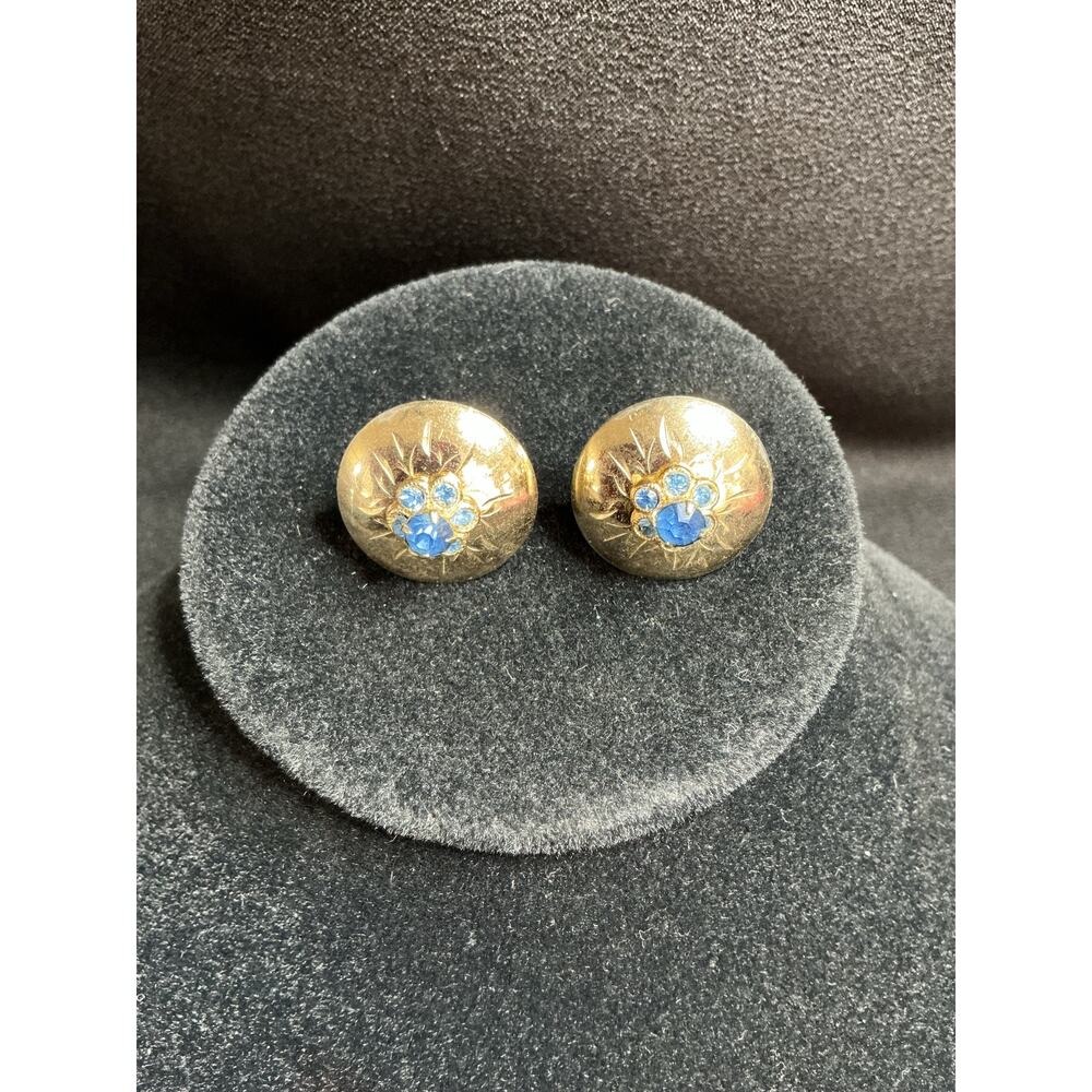 Vintage Round Gold Tone Screw Back Earrings with Blue Floral Rhinestone Design